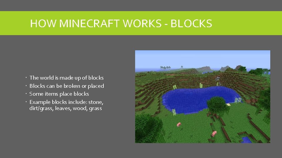 HOW MINECRAFT WORKS - BLOCKS The world is made up of blocks Blocks can