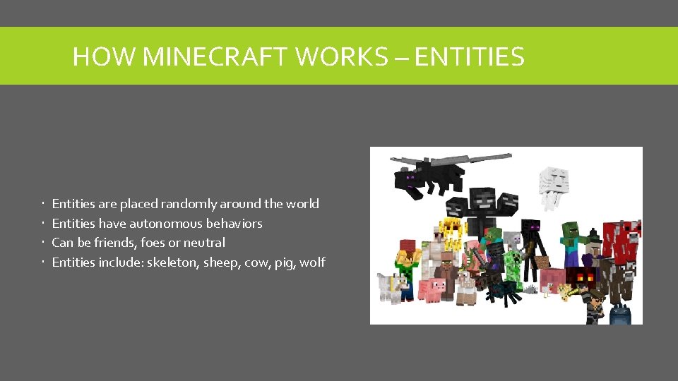 HOW MINECRAFT WORKS – ENTITIES Entities are placed randomly around the world Entities have