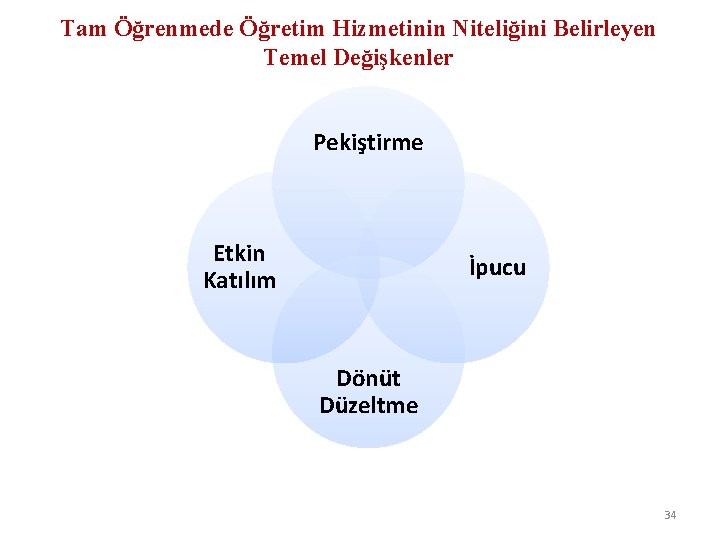 Tam Öğrenmede Öğretim Hizmetinin Niteliğini Belirleyen Temel Değişkenler Pekiştirme Etkin Katılım İpucu Dönüt Düzeltme