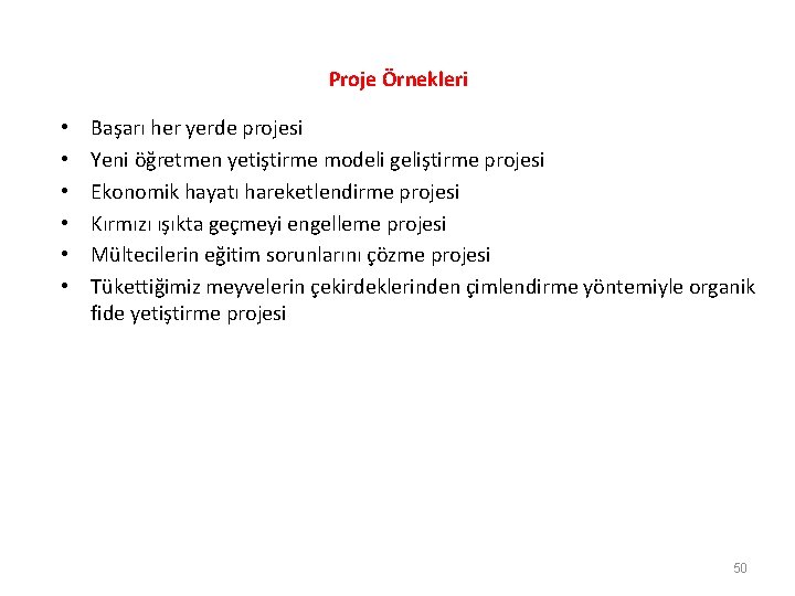 Proje Örnekleri • • • Başarı her yerde projesi Yeni öğretmen yetiştirme modeli geliştirme