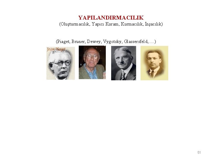 YAPILANDIRMACILIK (Oluşturmacılık, Yapıcı Kuram, Kurmacılık, İnşacılık) (Piaget, Bruner, Dewey, Vygotsky, Glassersfeld, . . .