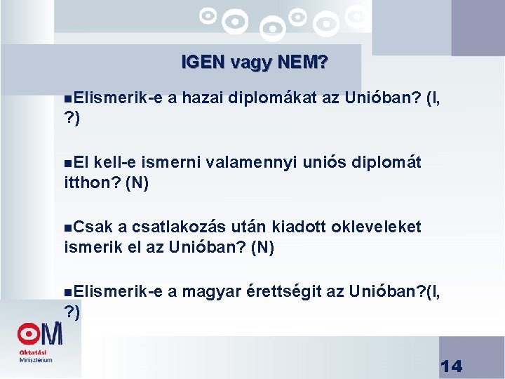 IGEN vagy NEM? n. Elismerik-e a hazai diplomákat az Unióban? (I, ? ) n.