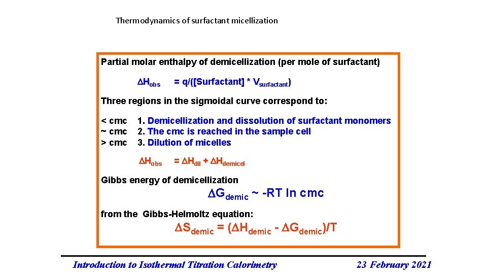 Thermodynamics of surfactant micellization Partial molar enthalpy of demicellization (per mole of surfactant) Hobs