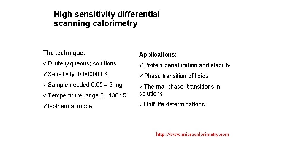 High sensitivity differential scanning calorimetry The technique: Applications: üDilute (aqueous) solutions üProtein denaturation and