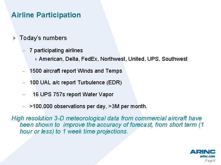 Airline Participation 4 Today’s numbers - 7 participating airlines 4 American, Delta, Fed. Ex,