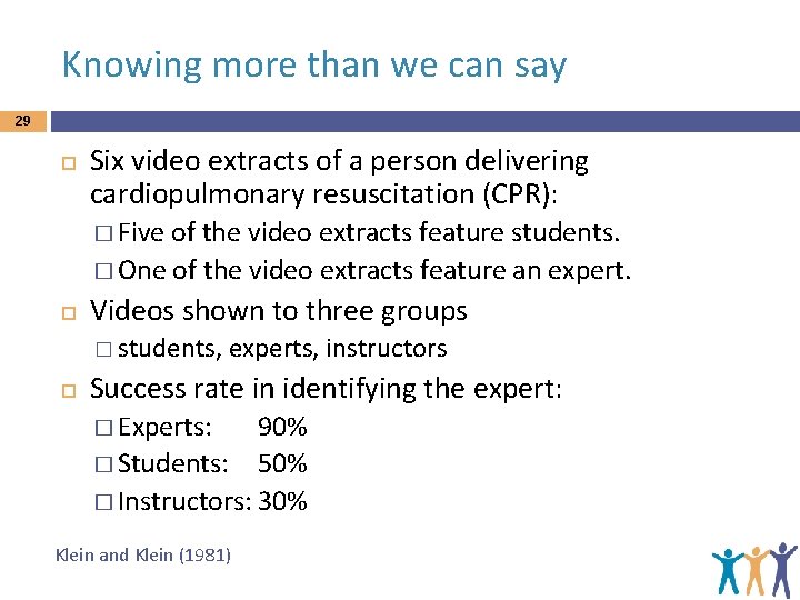 Knowing more than we can say 29 Six video extracts of a person delivering