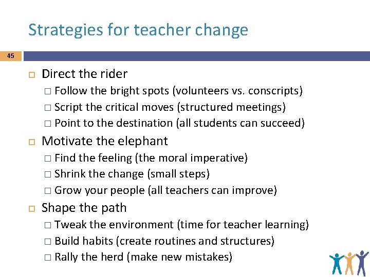 Strategies for teacher change 45 Direct the rider � Follow the bright spots (volunteers