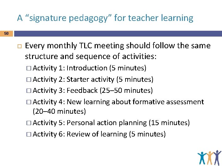 A “signature pedagogy” for teacher learning 50 Every monthly TLC meeting should follow the