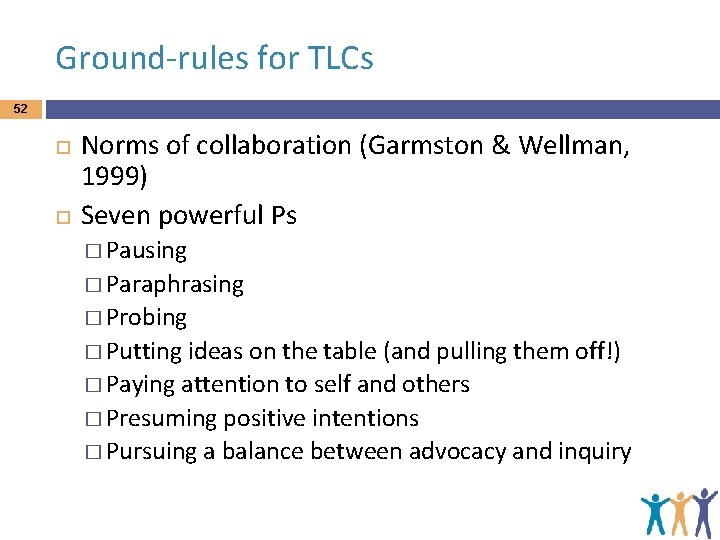 Ground-rules for TLCs 52 Norms of collaboration (Garmston & Wellman, 1999) Seven powerful Ps