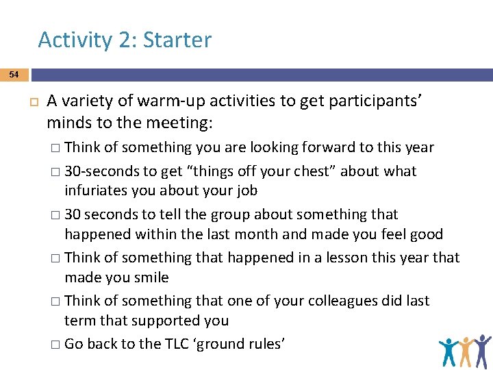 Activity 2: Starter 54 A variety of warm-up activities to get participants’ minds to