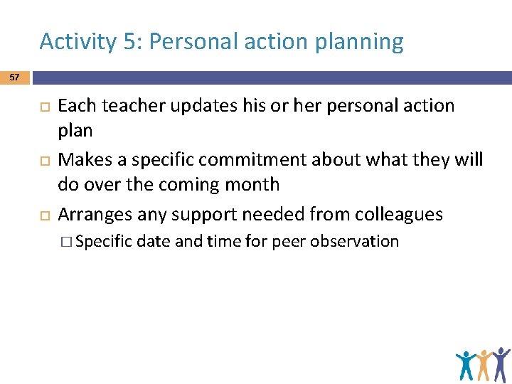 Activity 5: Personal action planning 57 Each teacher updates his or her personal action