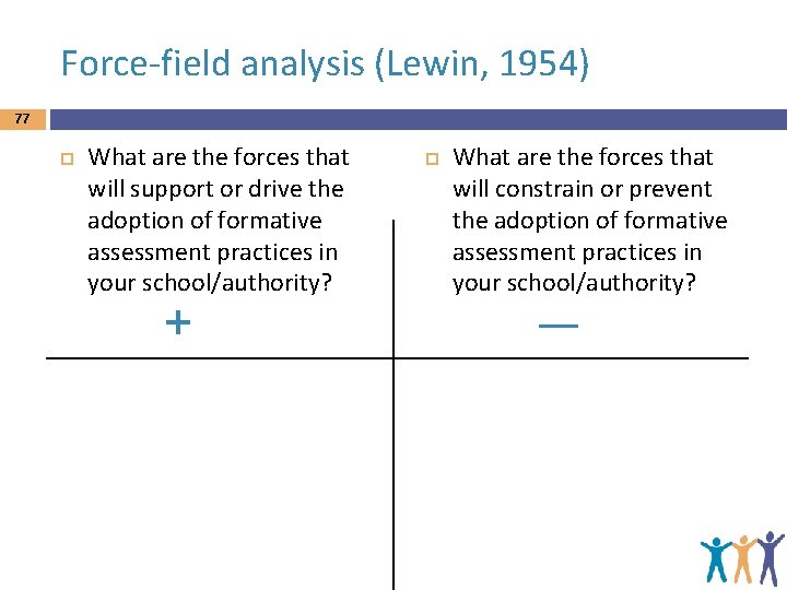 Force-field analysis (Lewin, 1954) 77 What are the forces that will support or drive