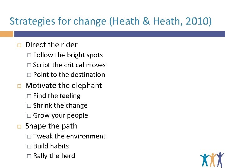 Strategies for change (Heath & Heath, 2010) Direct the rider � Follow the bright