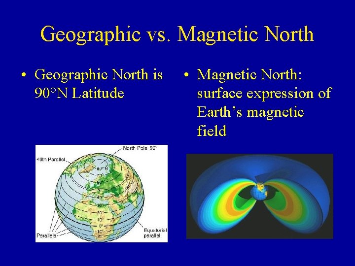 Geographic vs. Magnetic North • Geographic North is 90°N Latitude • Magnetic North: surface