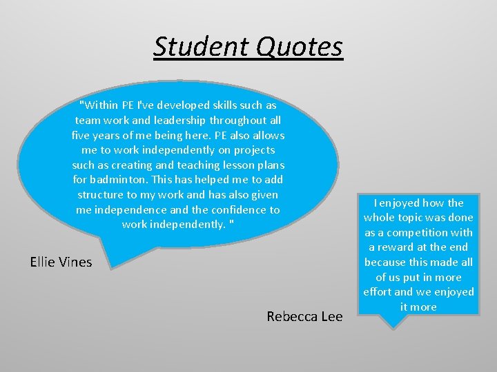 Student Quotes "Within PE I've developed skills such as team work and leadership throughout