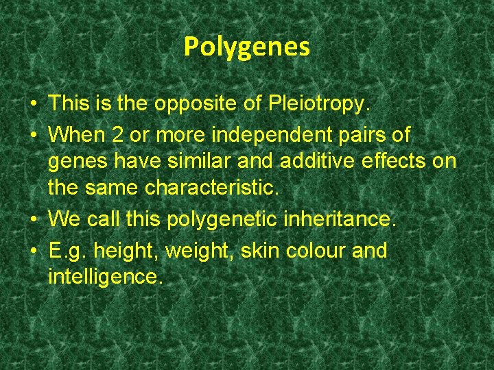 Polygenes • This is the opposite of Pleiotropy. • When 2 or more independent
