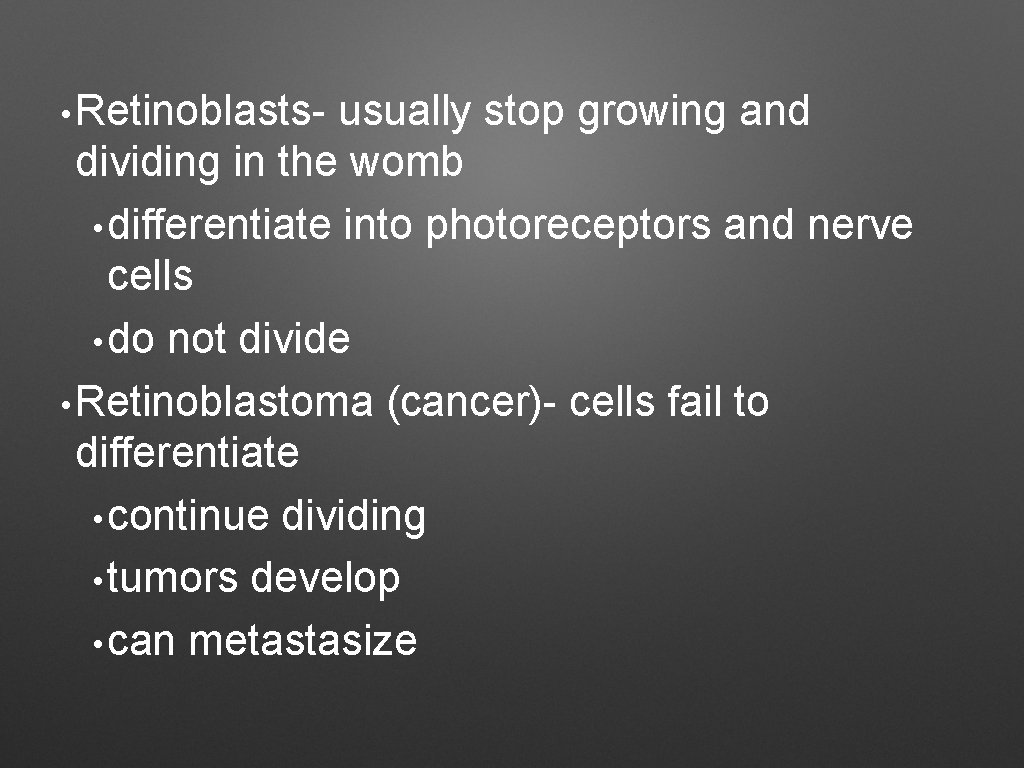  • Retinoblasts- usually stop growing and dividing in the womb • differentiate into