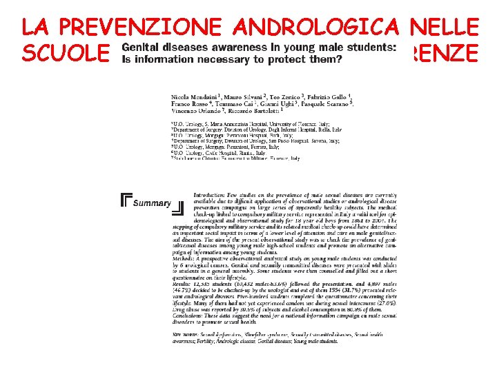 LA PREVENZIONE ANDROLOGICA NELLE SCUOLE MEDIE SUPERIORI DI FIRENZE 