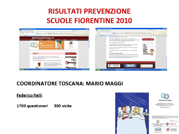 RISULTATI PREVENZIONE SCUOLE FIORENTINE 2010 COORDINATORE TOSCANA: MARIO MAGGI Federico Nelli 1700 questionari 300