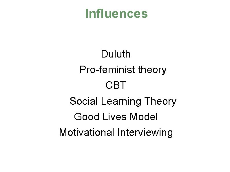 Influences Duluth Pro-feminist theory CBT Social Learning Theory Good Lives Model Motivational Interviewing 