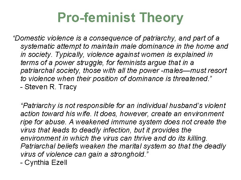 Pro-feminist Theory “Domestic violence is a consequence of patriarchy, and part of a systematic