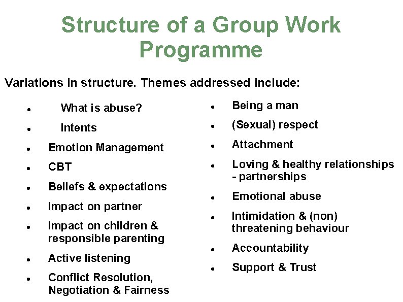 Structure of a Group Work Programme Variations in structure. Themes addressed include: What is