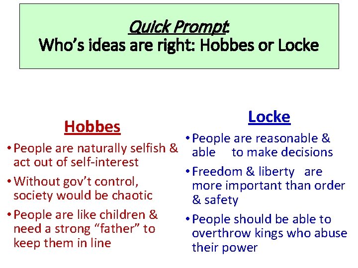 Quick Prompt: Who’s ideas are right: Hobbes or Locke Hobbes Locke • People are