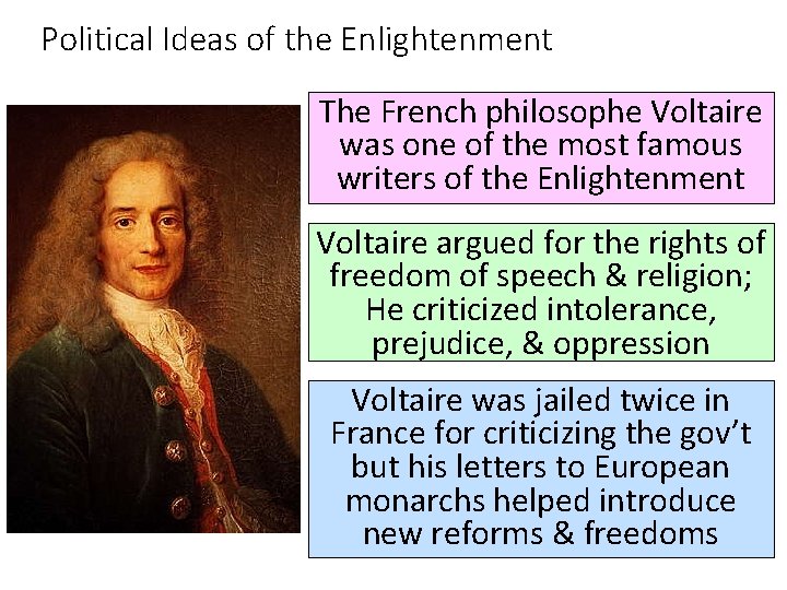 Political Ideas of the Enlightenment The French philosophe Voltaire was one of the most