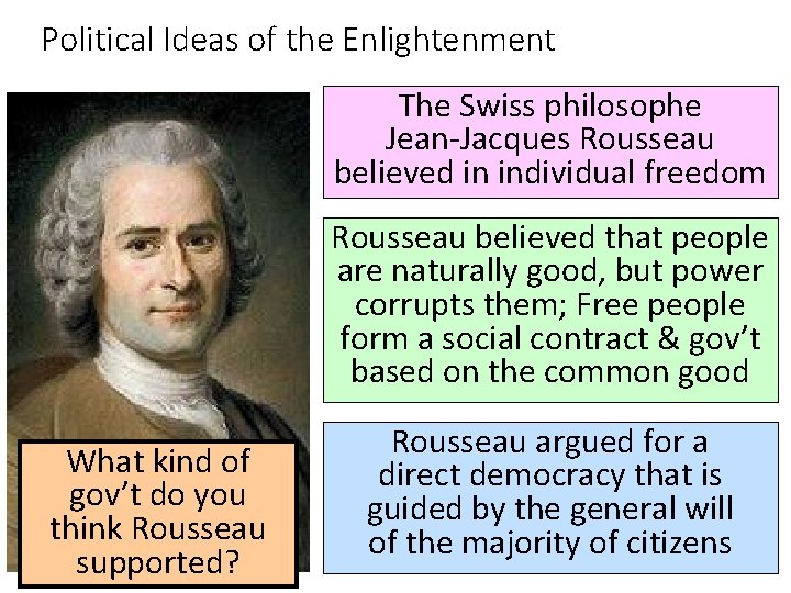 Political Ideas of the Enlightenment The Swiss philosophe Jean-Jacques Rousseau believed in individual freedom