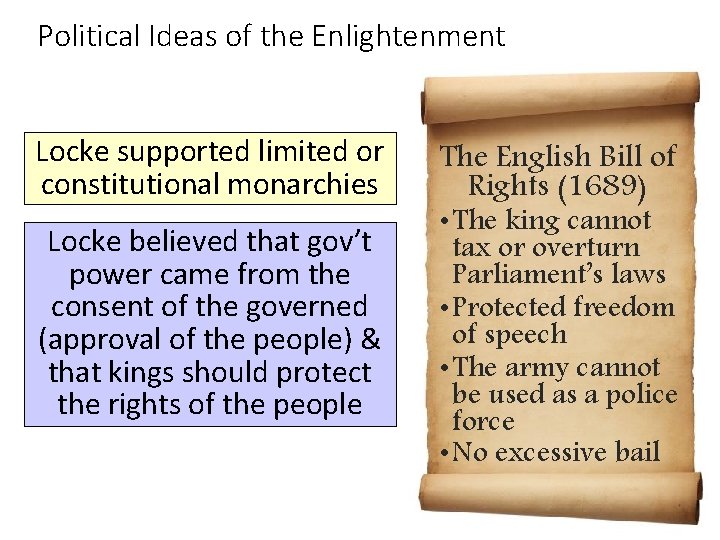 Political Ideas of the Enlightenment Locke supported limited or constitutional monarchies Locke believed that