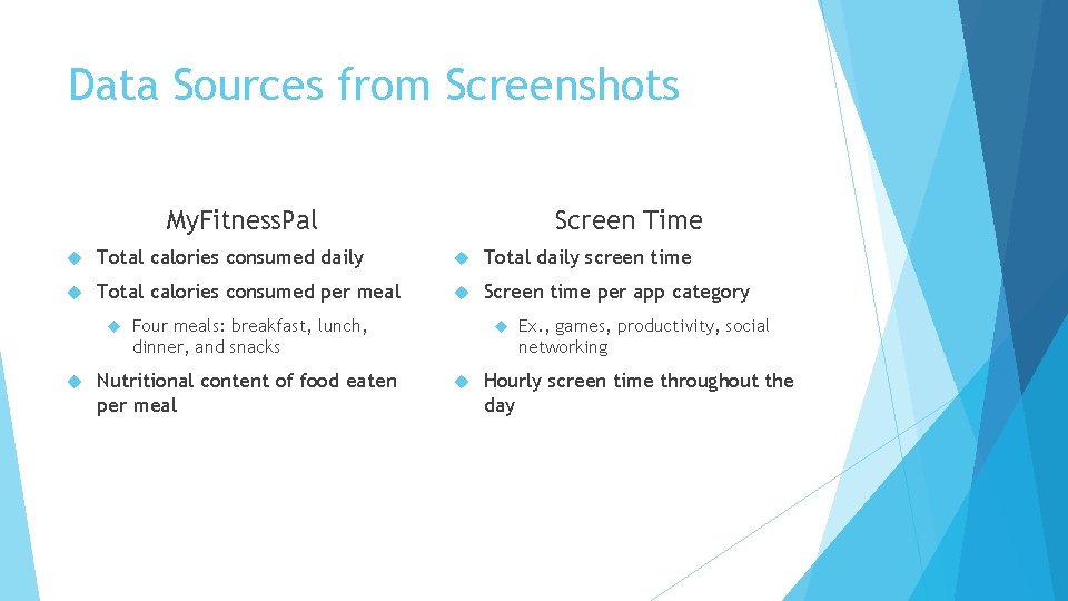 Data Sources from Screenshots My. Fitness. Pal Screen Time Total calories consumed daily Total