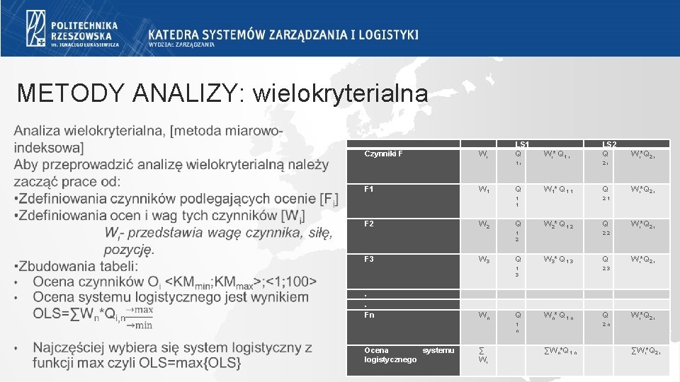 METODY ANALIZY: wielokryterialna Czynniki F Wi LS 1 Q Wi* Q 1, i F METODY ANALIZY: wielokryterialna Czynniki F Wi LS 1 Q Wi* Q 1, i F