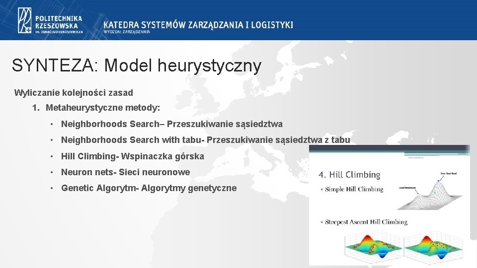 SYNTEZA: Model heurystyczny Wyliczanie kolejności zasad 1. Metaheurystyczne metody: • Neighborhoods Search– Przeszukiwanie sąsiedztwa SYNTEZA: Model heurystyczny Wyliczanie kolejności zasad 1. Metaheurystyczne metody: • Neighborhoods Search– Przeszukiwanie sąsiedztwa
