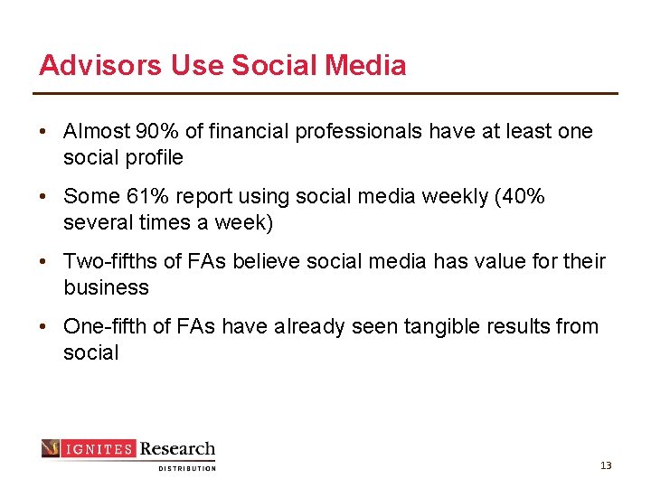 Advisors Use Social Media • Almost 90% of financial professionals have at least one