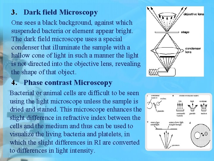3. Dark field Microscopy One sees a black background, against which suspended bacteria or