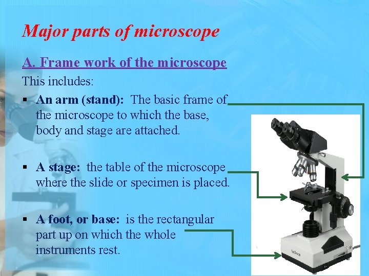 Major parts of microscope A. Frame work of the microscope This includes: § An
