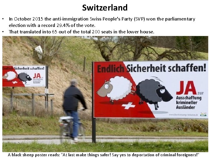 Switzerland • In October 2015 the anti-immigration Swiss People's Party (SVP) won the parliamentary Switzerland • In October 2015 the anti-immigration Swiss People's Party (SVP) won the parliamentary