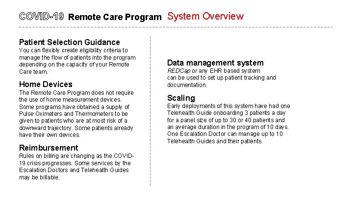 COVID-19 Remote Care Program System Overview Patient Selection Guidance You can flexibly create eligibility