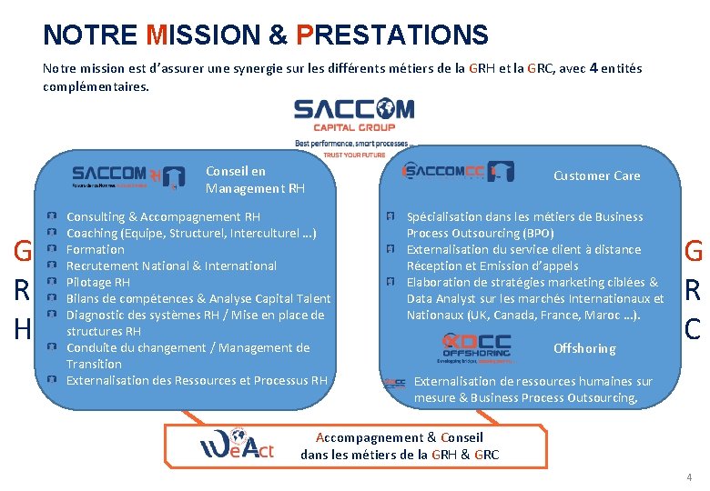 NOTRE MISSION & PRESTATIONS Notre mission est d’assurer une synergie sur les différents métiers