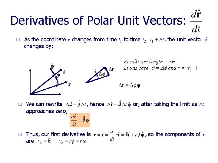 Derivatives of Polar Unit Vectors: q As the coordinate r changes from time t