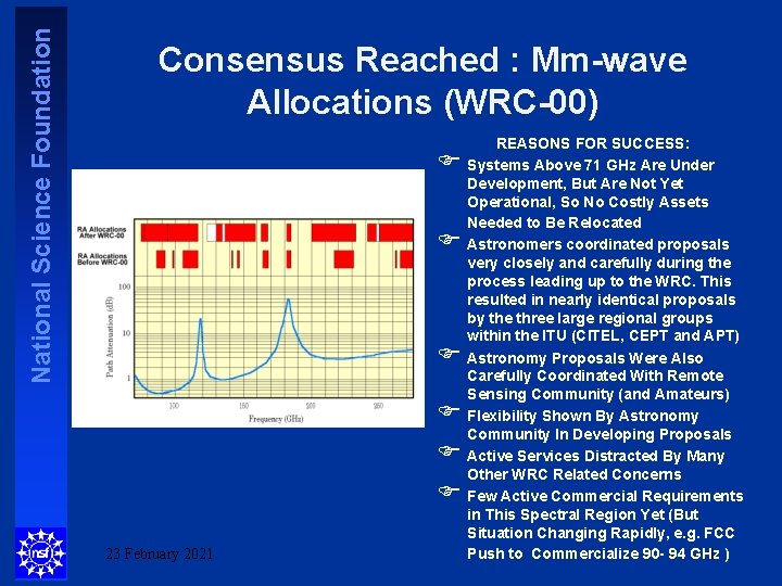 National Science Foundation Consensus Reached : Mm-wave Allocations (WRC-00) F F F 23 February