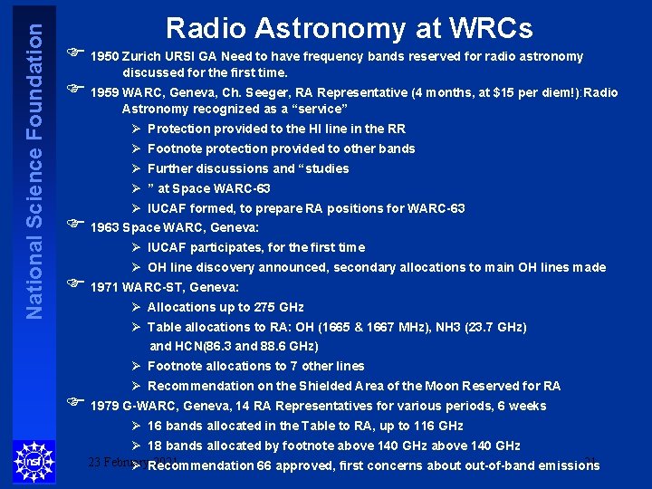 National Science Foundation Radio Astronomy at WRCs F 1950 Zurich URSI GA Need to