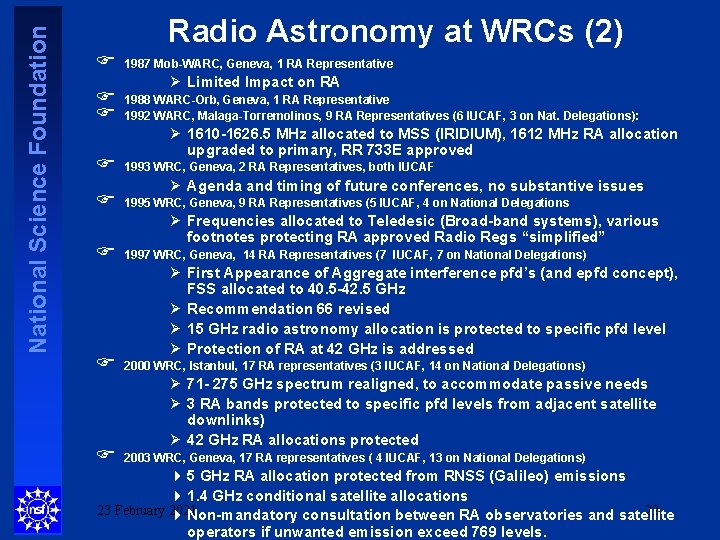 National Science Foundation Radio Astronomy at WRCs (2) F F F F 1987 Mob-WARC,