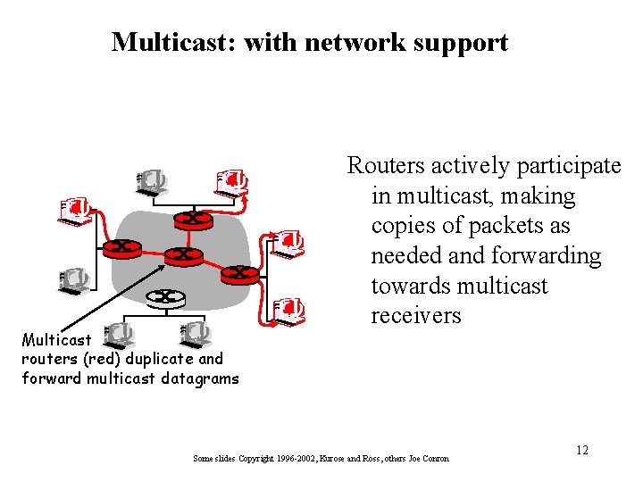 Multicast: with network support Multicast routers (red) duplicate and forward multicast datagrams Routers actively