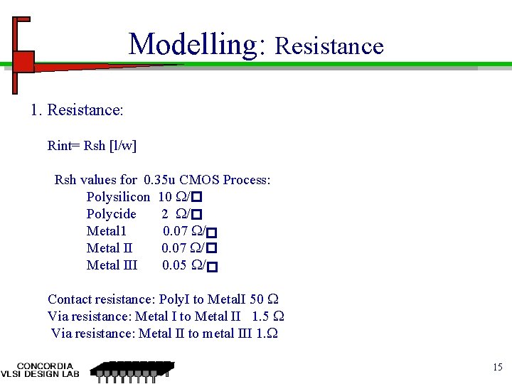 Modelling: Resistance 1. Resistance: Rint= Rsh [l/w] Rsh values for 0. 35 u CMOS