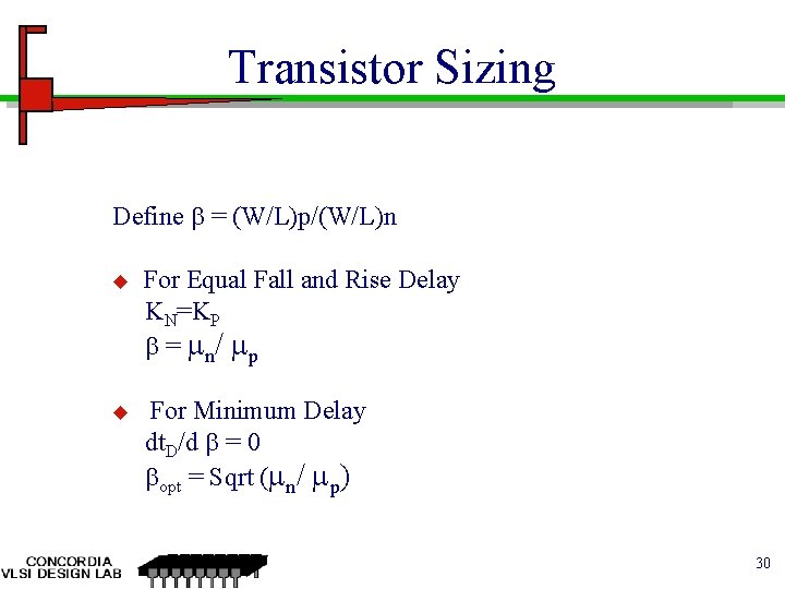 Transistor Sizing Define = (W/L)p/(W/L)n u For Equal Fall and Rise Delay KN=KP =