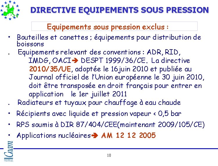 DIRECTIVE EQUIPEMENTS SOUS PRESSION Equipements sous pression exclus : • Bouteilles et canettes ; DIRECTIVE EQUIPEMENTS SOUS PRESSION Equipements sous pression exclus : • Bouteilles et canettes ;