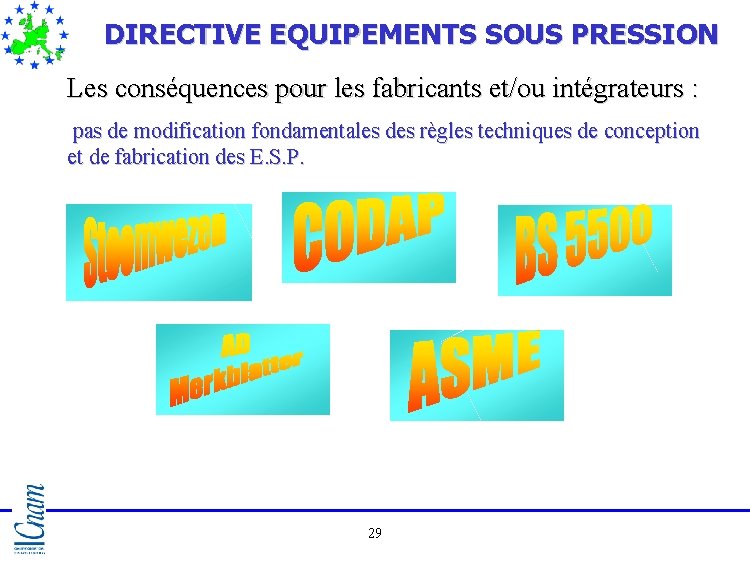 DIRECTIVE EQUIPEMENTS SOUS PRESSION Les conséquences pour les fabricants et/ou intégrateurs : pas de DIRECTIVE EQUIPEMENTS SOUS PRESSION Les conséquences pour les fabricants et/ou intégrateurs : pas de