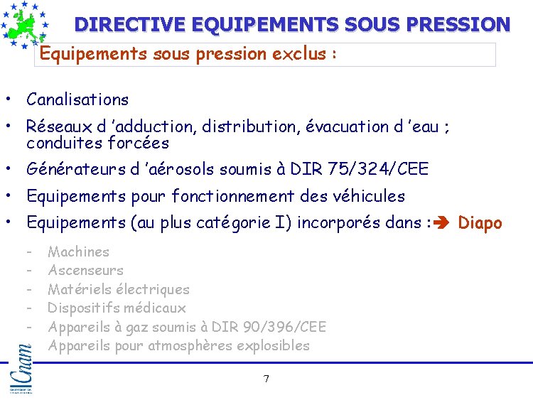 DIRECTIVE EQUIPEMENTS SOUS PRESSION Equipements sous pression exclus : • Canalisations • Réseaux d DIRECTIVE EQUIPEMENTS SOUS PRESSION Equipements sous pression exclus : • Canalisations • Réseaux d