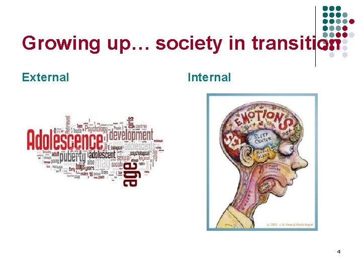 Growing up… society in transition External Internal 4 